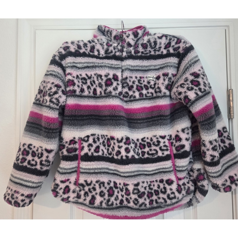 Hurley Girls Fleece Full Zip Jacket Animal Print Gray Pink White 10/12 Pockets